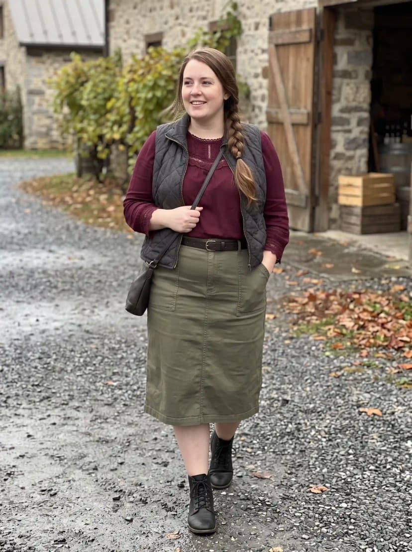 Grey Quilted Vest + Burgundy Lace Top + Olive Cargo Midi Skirt