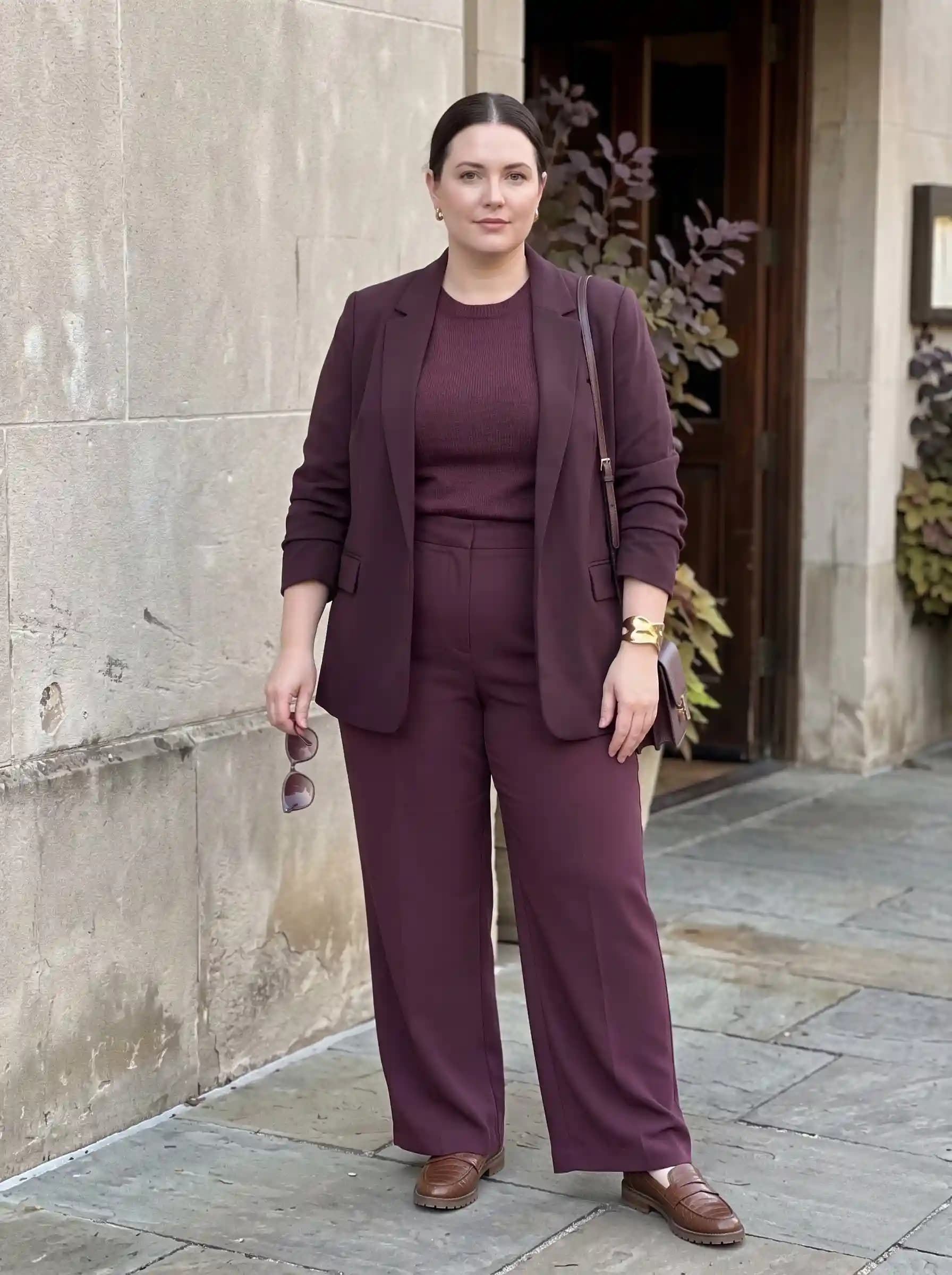 Plum Monochrome Suit: Blazer + Crewneck + Wide-Leg Trousers