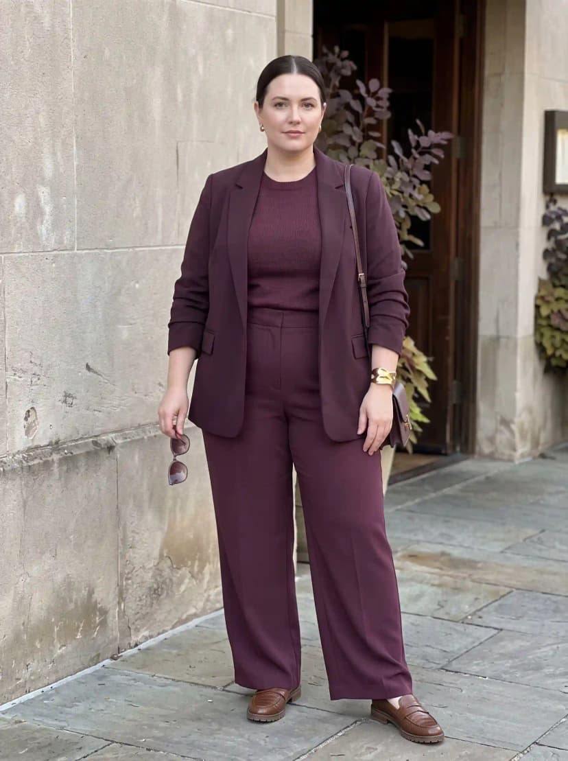 Plum Monochrome Suit: Blazer + Crewneck + Wide-Leg Trousers