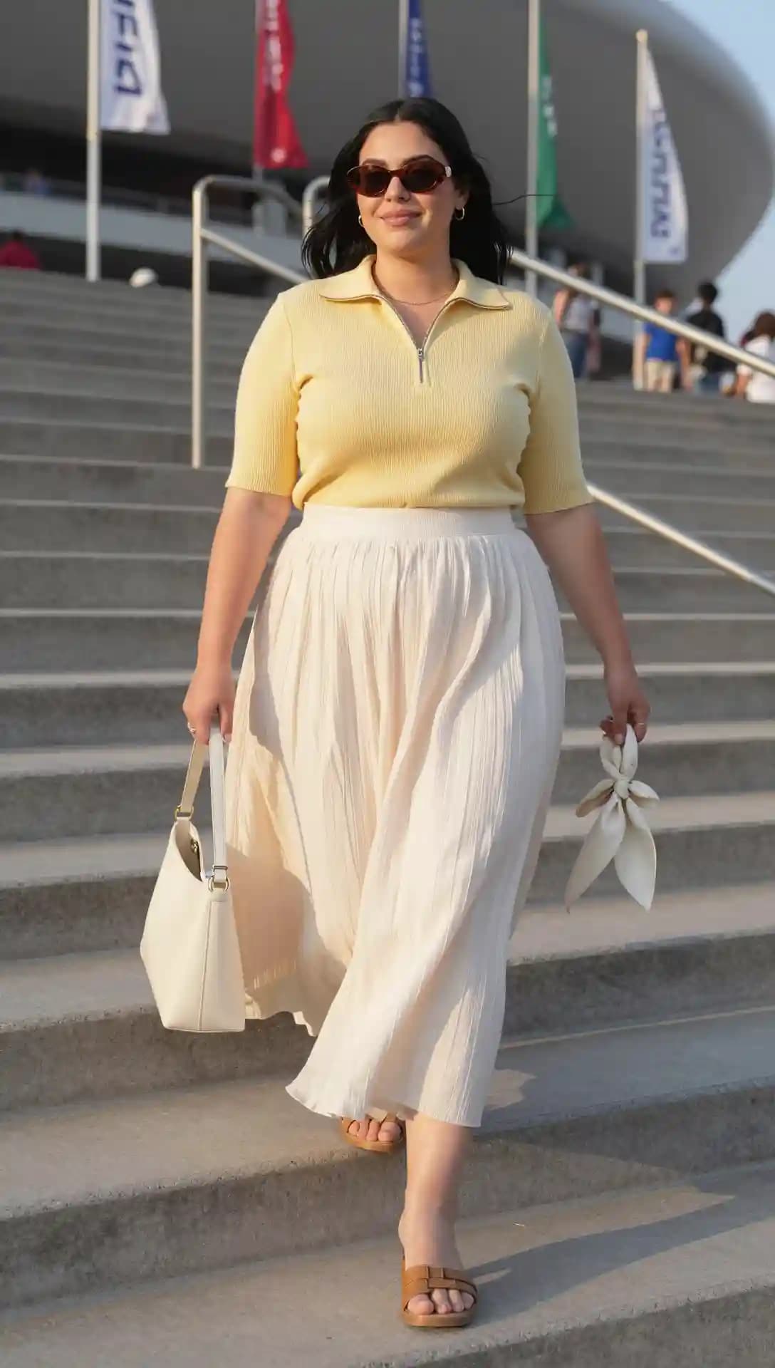Yellow Collared Shirt + White Pleated Skirt