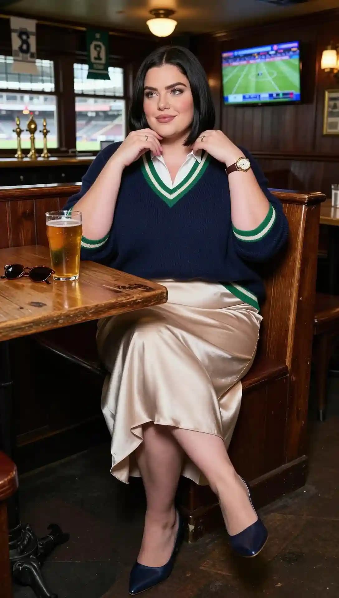 Navy V-Neck Sweater Vest + White Button-Up Shirt + Champagne Satin Skirt