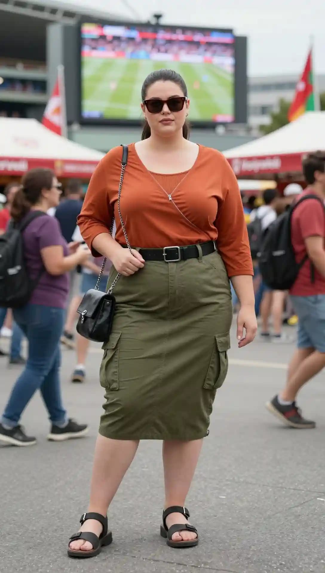 Rust 3/4 Sleeve Top + Olive Cargo Skirt + Black Sandals