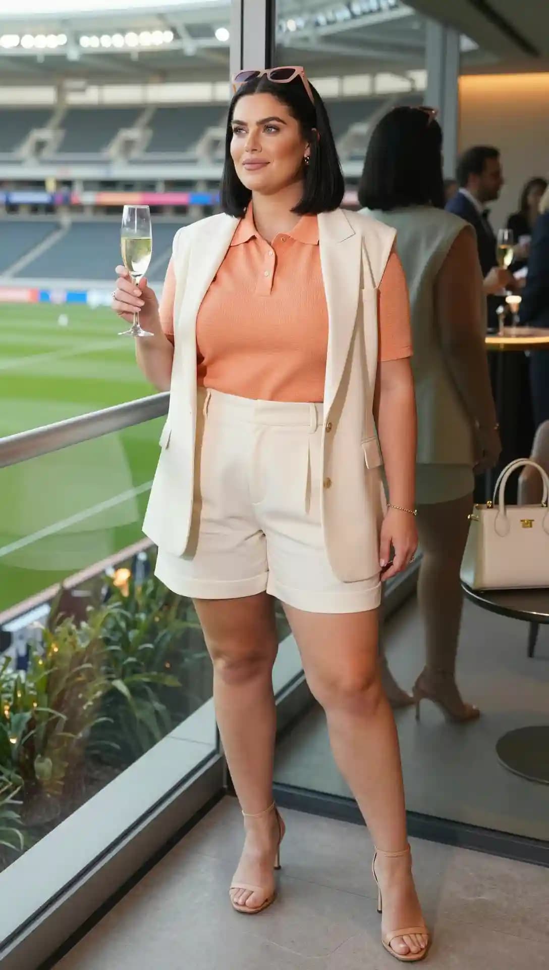 Cream Sleeveless Blazer + Peach Polo Shirt + Cream Shorts + Nude Heels