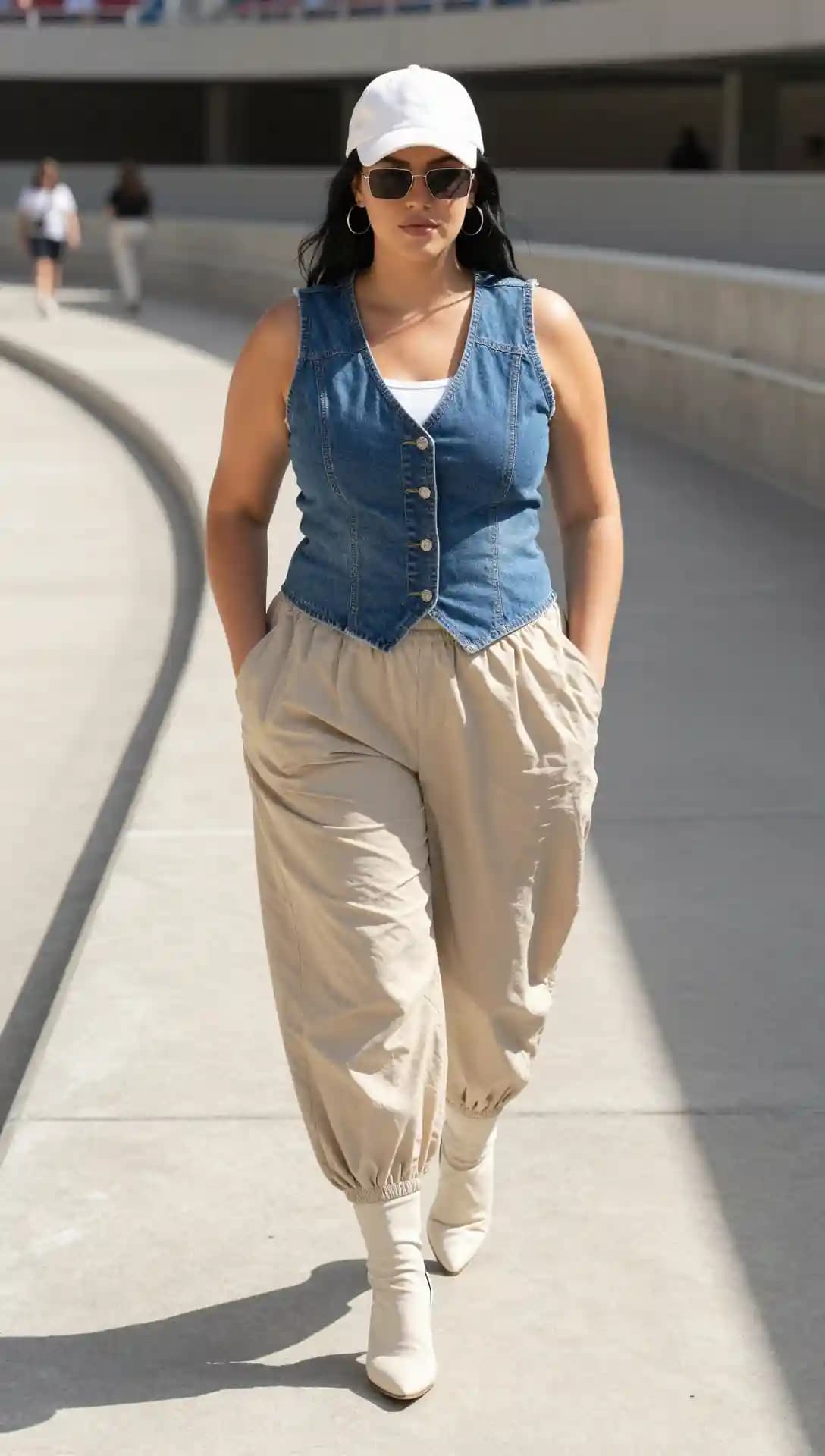 Denim Vest + Beige Cropped Trousers + White Ankle Boots