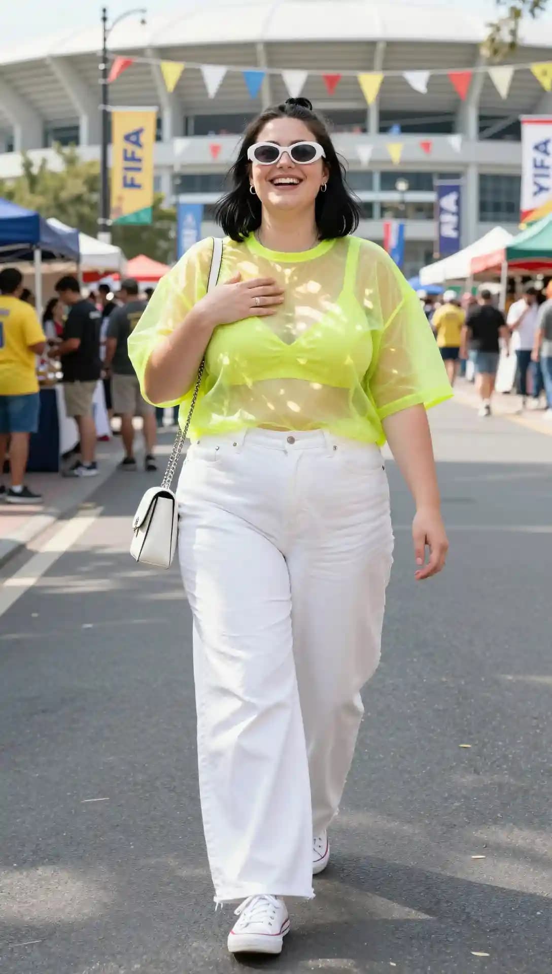 Neon Yellow Mesh Top + White Wide-Leg Jeans