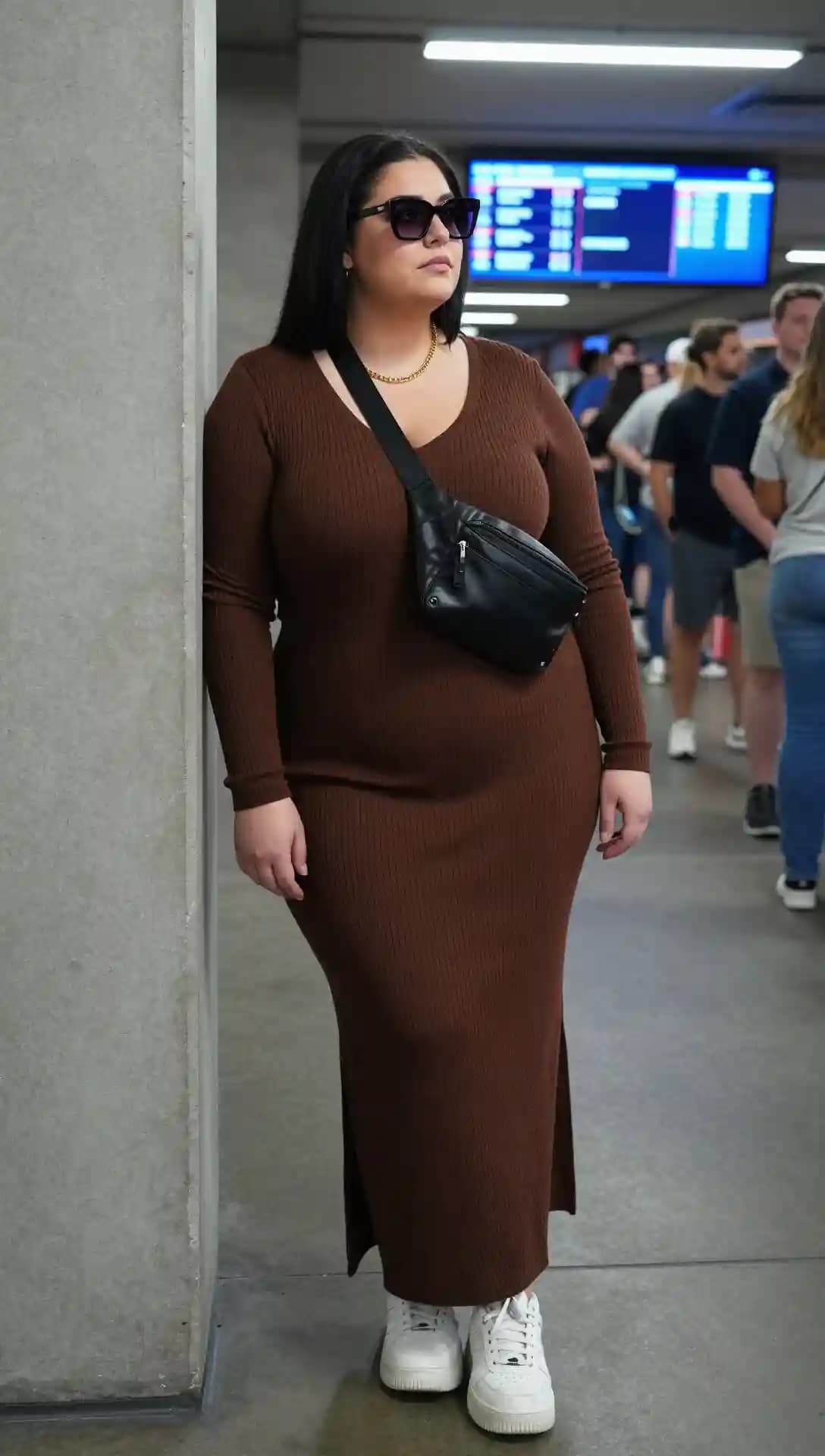 Brown Ribbed Maxi Dress + White Sneakers + Black Fanny Pack