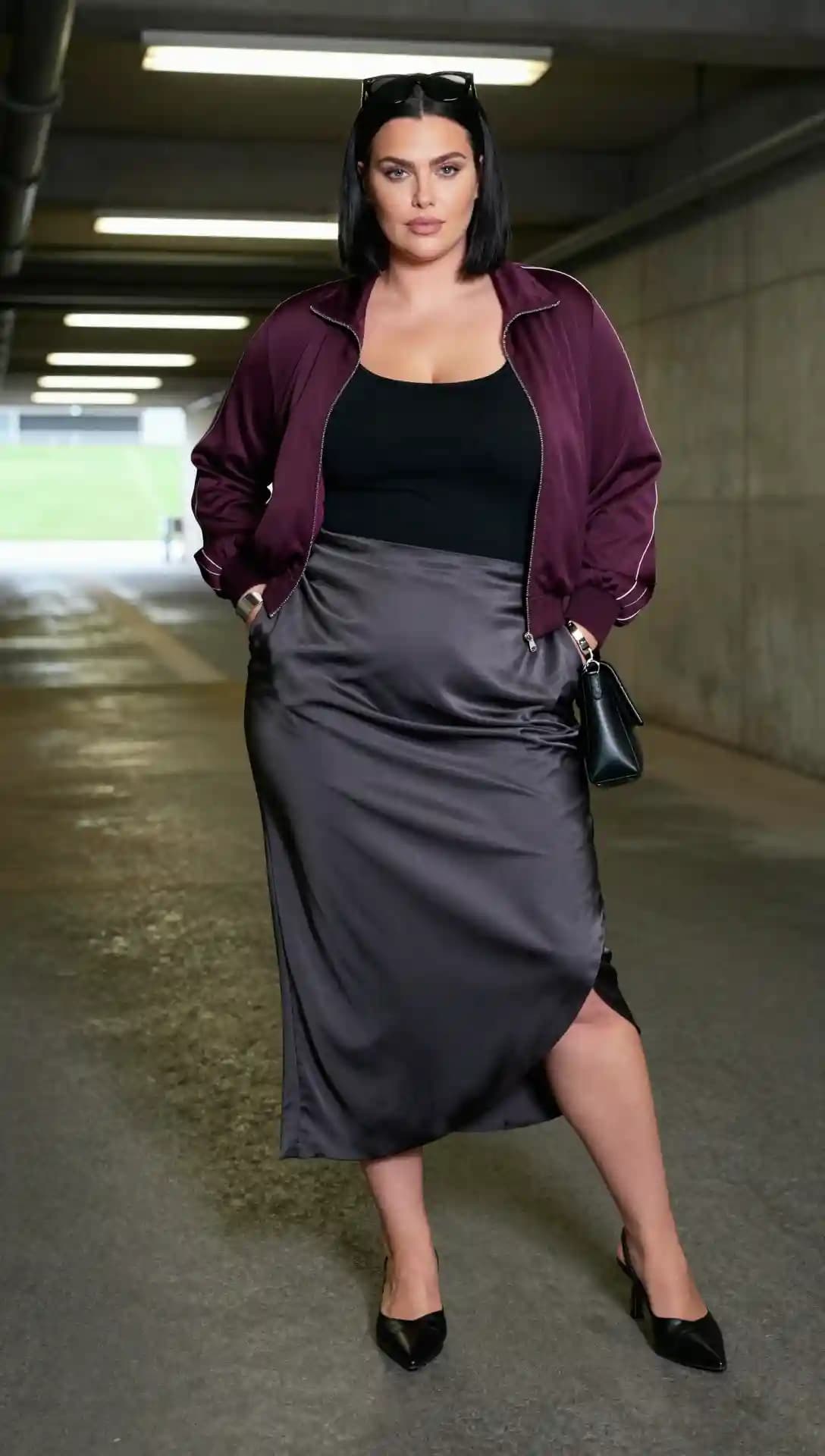Burgundy Track Jacket + Black Tank Top + Grey Satin Skirt
