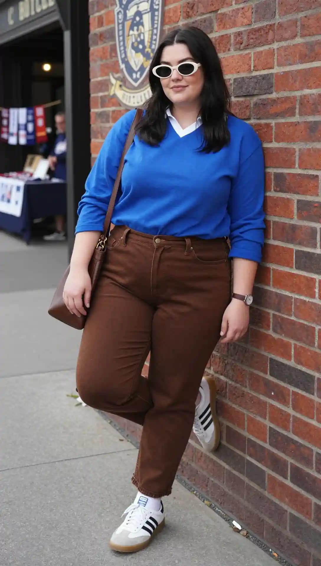 Blue V-Neck Sweater + White Collared Shirt + Brown Trousers