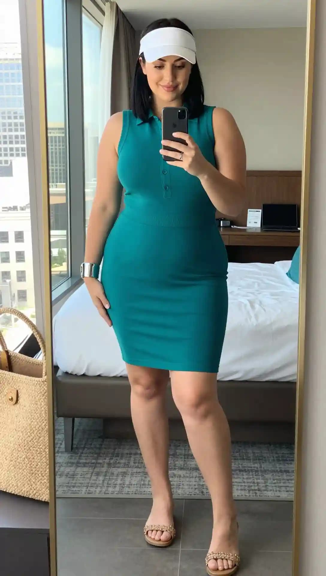 Teal Sleeveless Polo Dress + White Visor