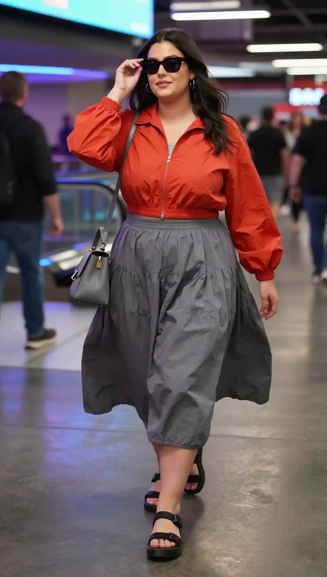 Orange Cropped Jacket + Grey Tiered Skirt