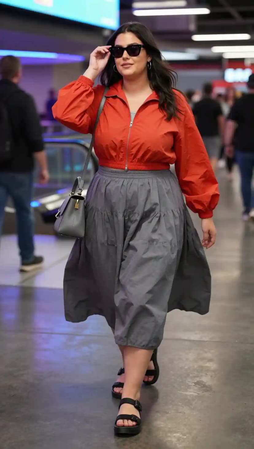 Orange Cropped Jacket + Grey Tiered Skirt