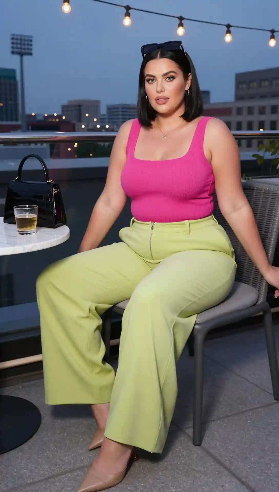Pink Tank Top + Lime Green Wide-Leg Trousers