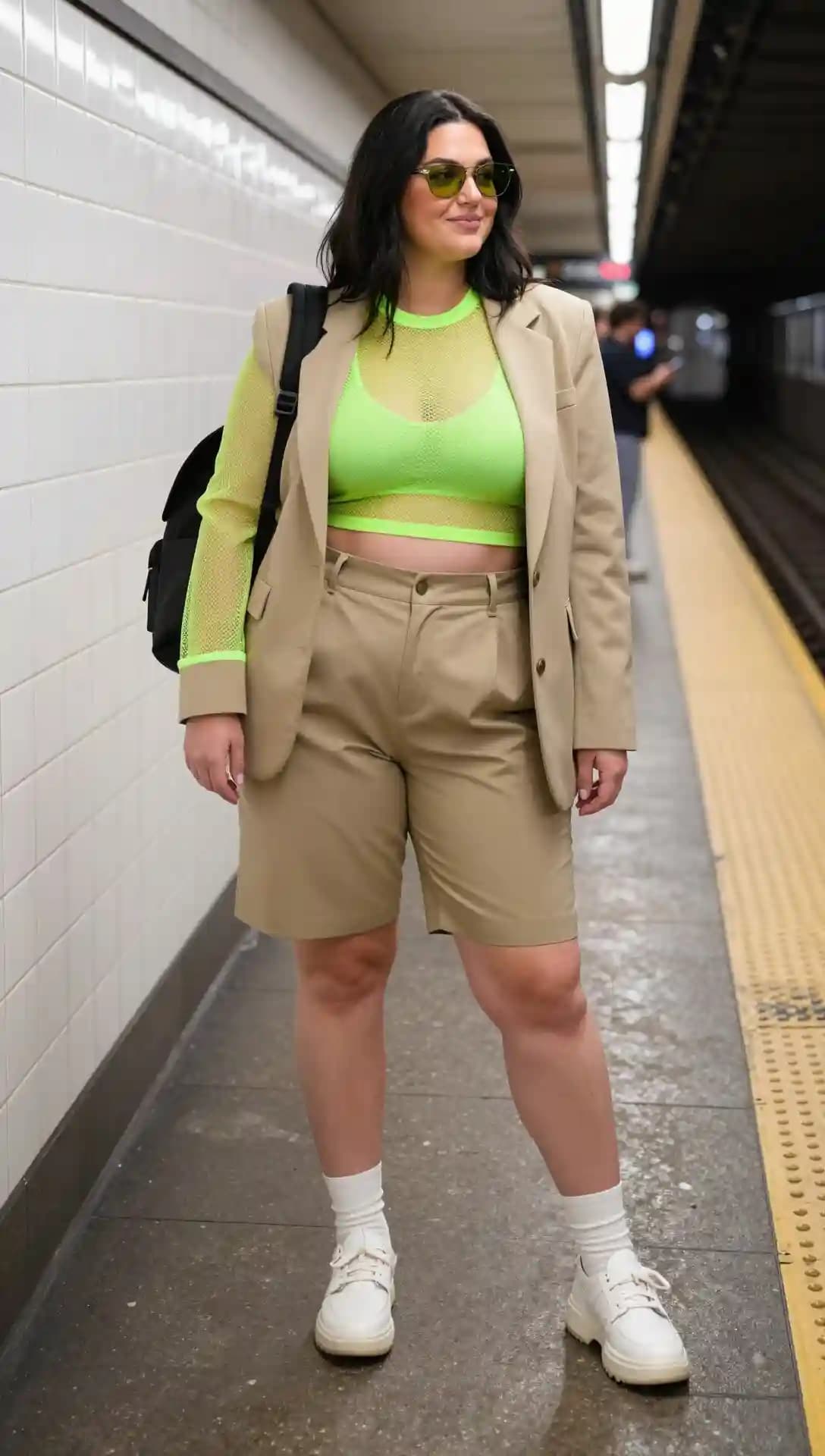 Tan Blazer + Beige Shorts + Neon Green Mesh Top + White Sneakers
