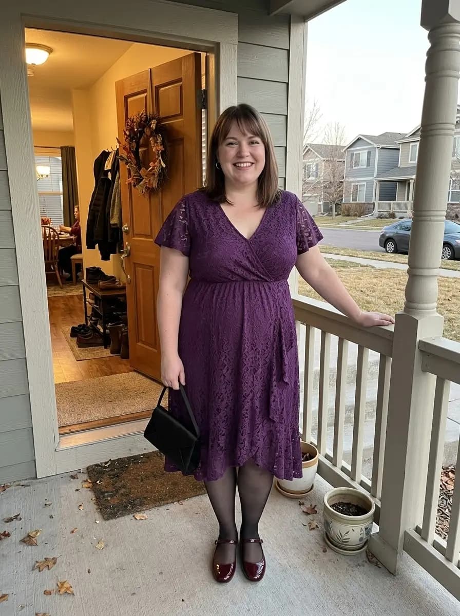 Plum Purple Lace Wrap Midi Dress with Burgundy Mary Janes