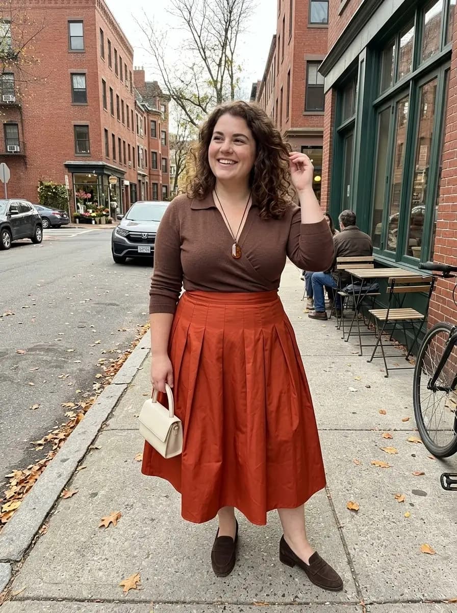 Brown Knit Collared Wrap Top with Rust Pleated Midi Skirt