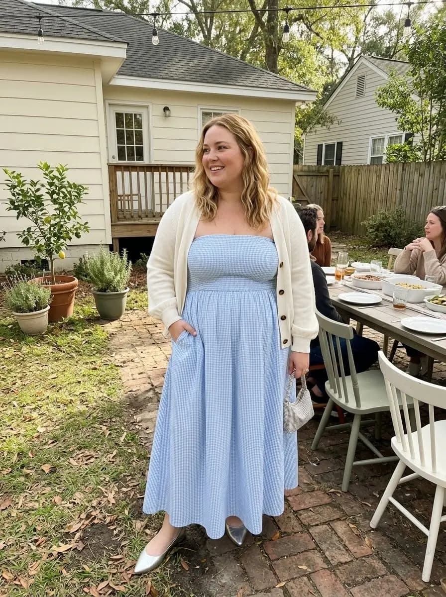 Blue Gingham Strapless Midi Dress with Cream Knit Cardigan