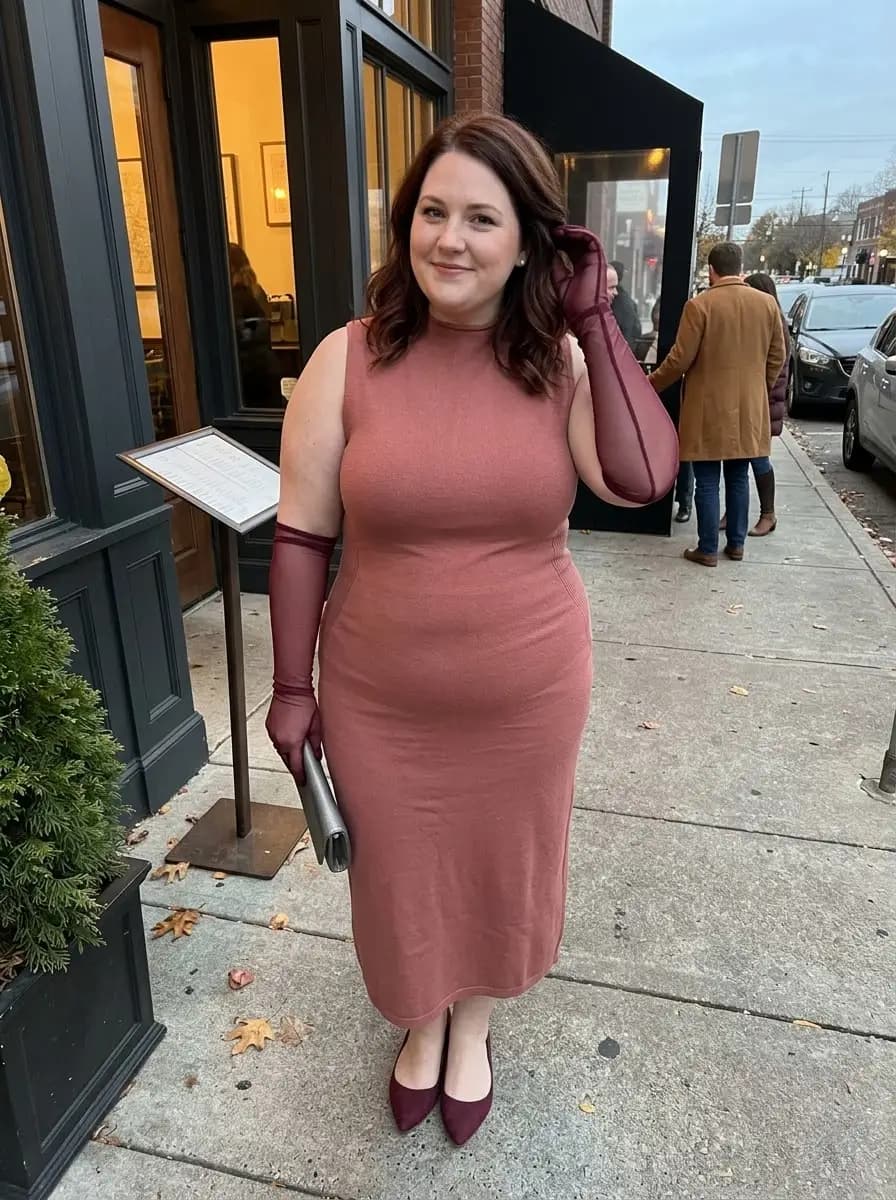 Rose-Pink Knit Midi Dress with Sheer Burgundy Opera Gloves