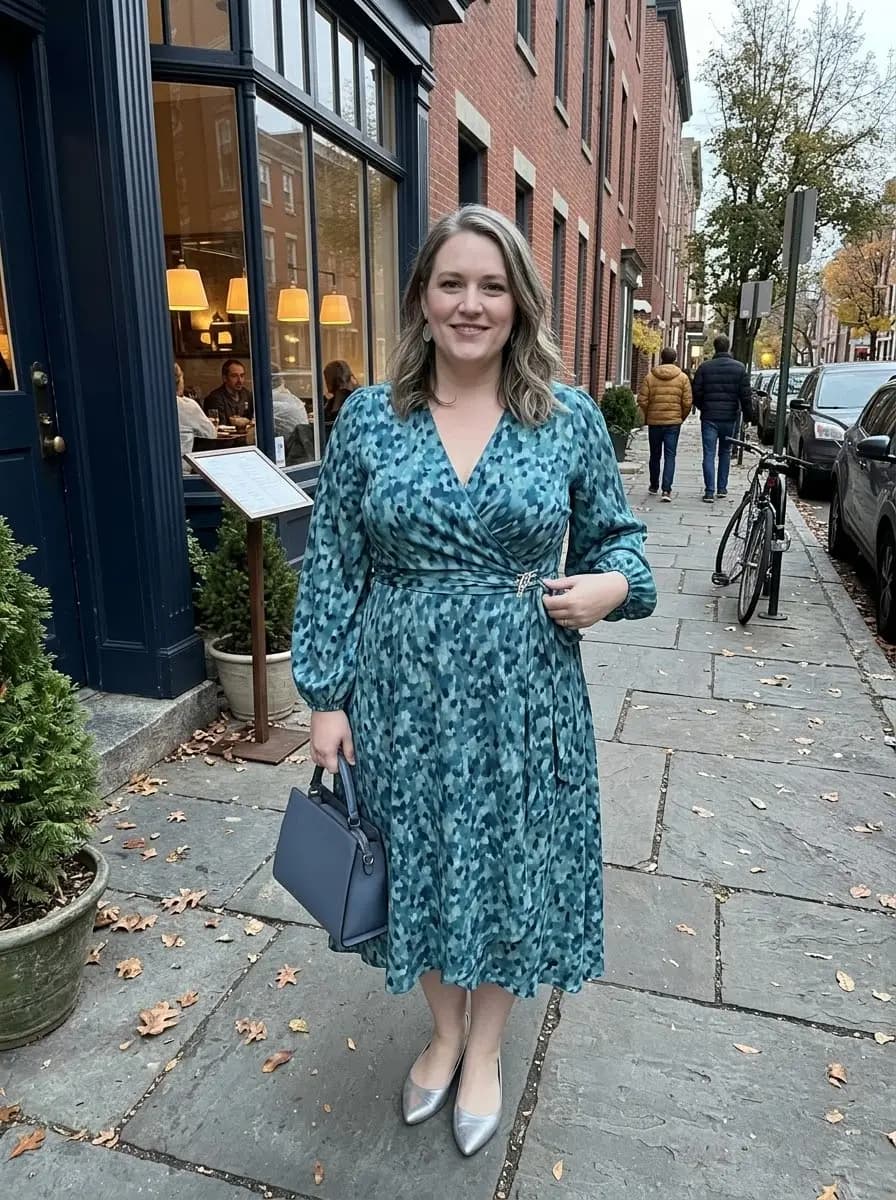 Teal Abstract Print Long-Sleeve Wrap Dress