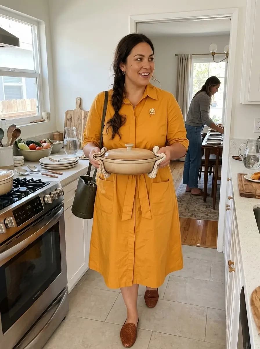Golden-Yellow Cotton Button-Front Midi Dress