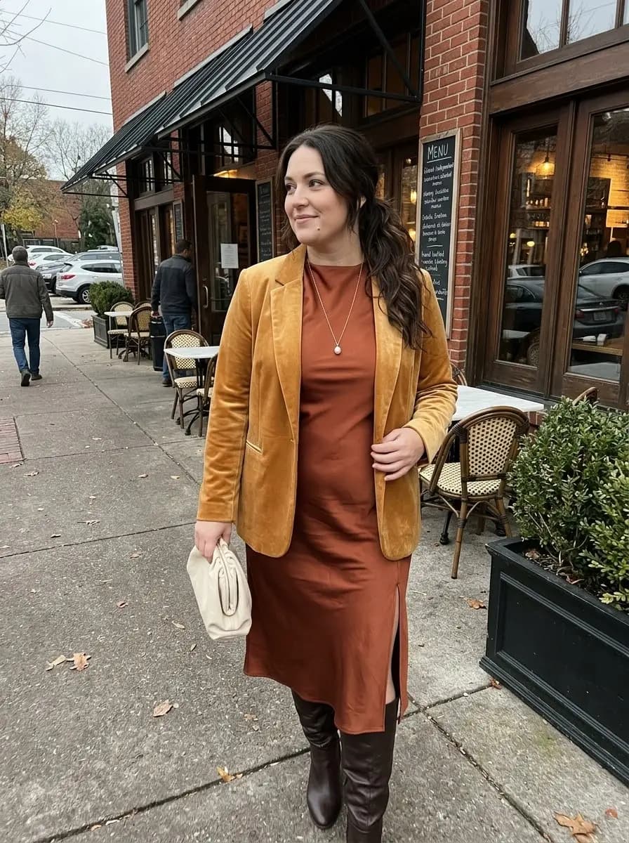 Rust Satin Midi Dress with Camel Velvet Blazer