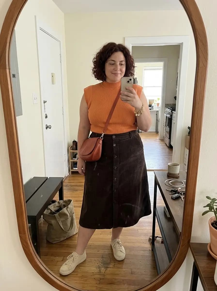 Orange Cap-Sleeve Knit Top with Brown Corduroy Midi Skirt