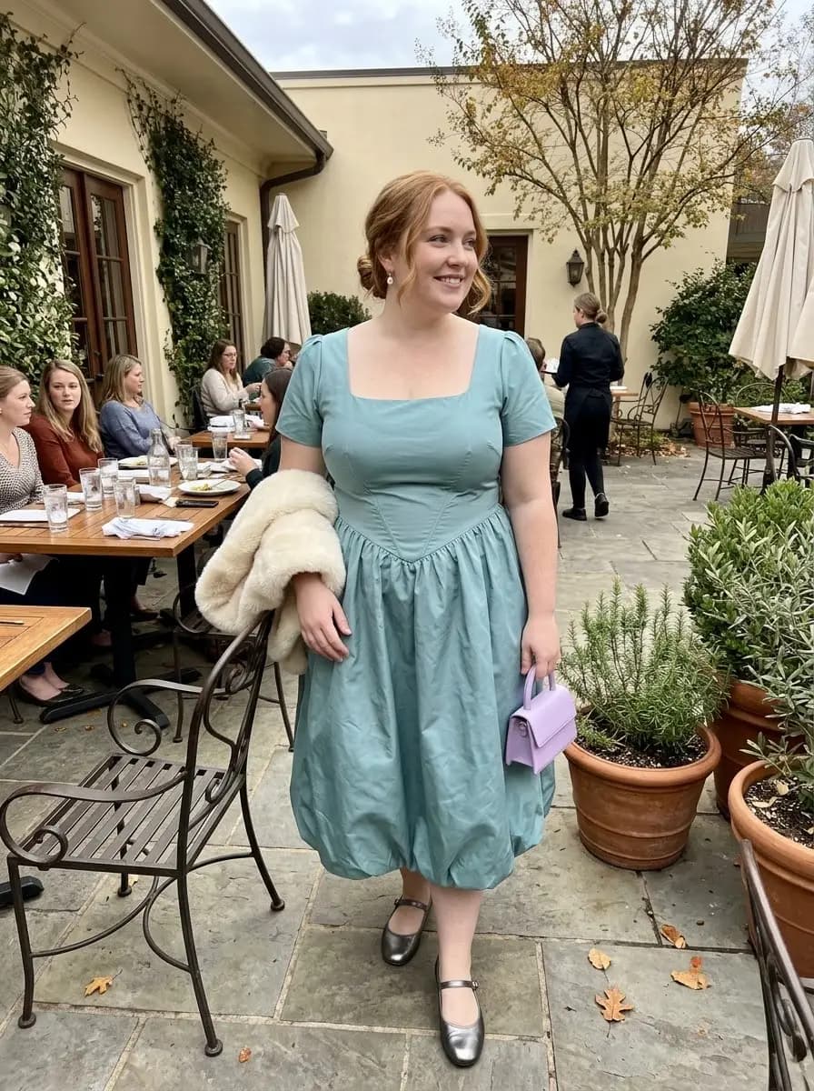 Seafoam-Green Square-Neck Puff-Sleeve Dress