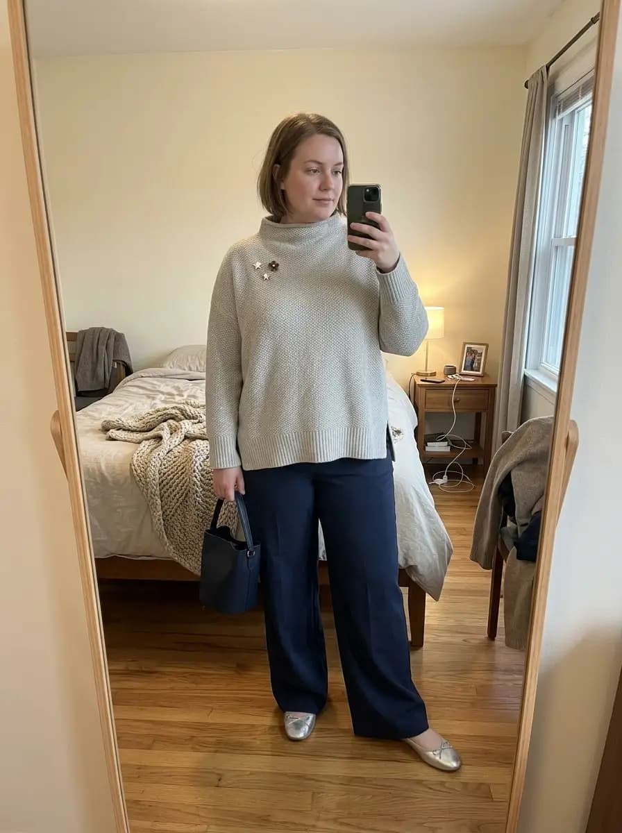 Grey Knit Mock-Neck Sweater with Navy Wide-Leg Pants