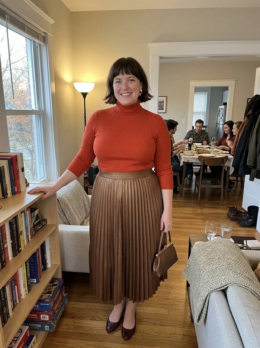 Orange Ribbed Turtleneck Top with Bronze Pleated Faux-Leather Skirt