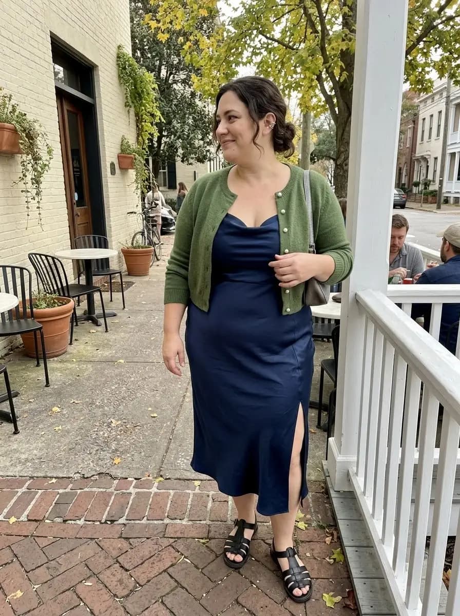 Olive-Green Knit Cardigan with Navy Satin Slip Dress