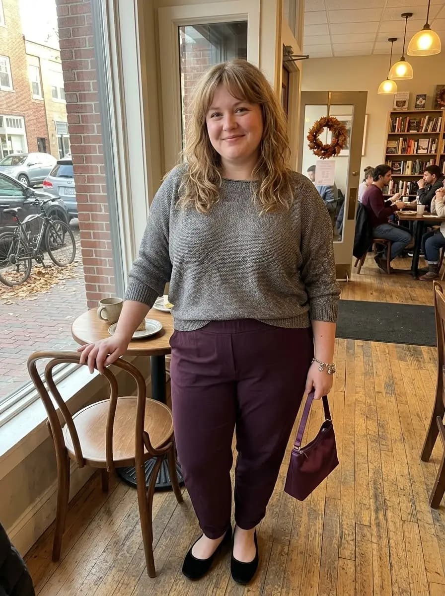 Grey Textured Knit Sweater with Deep Plum Trousers