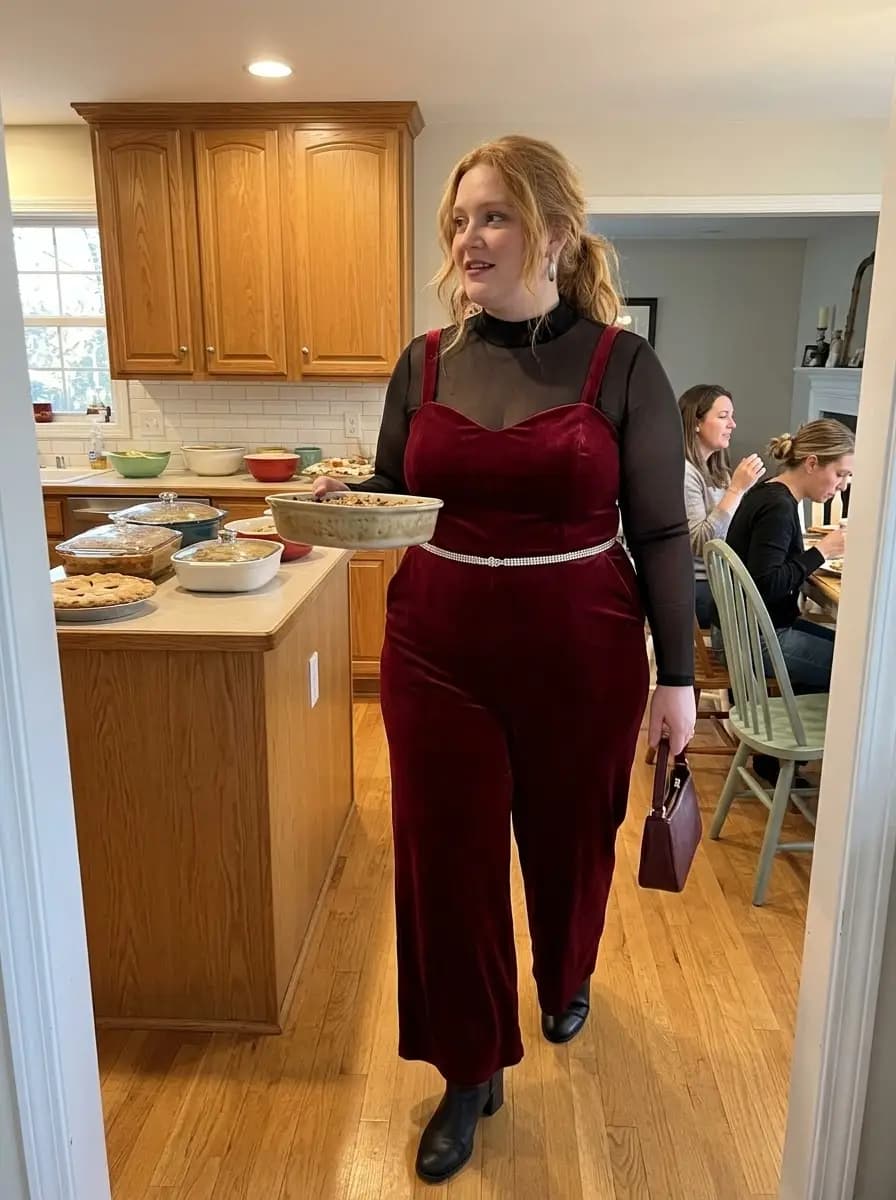 Burgundy Velvet Jumpsuit with Black Mesh Turtleneck