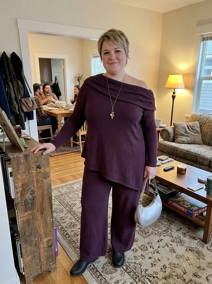 Burgundy Off-the-Shoulder Knit Sweater with Matching Knit Pants