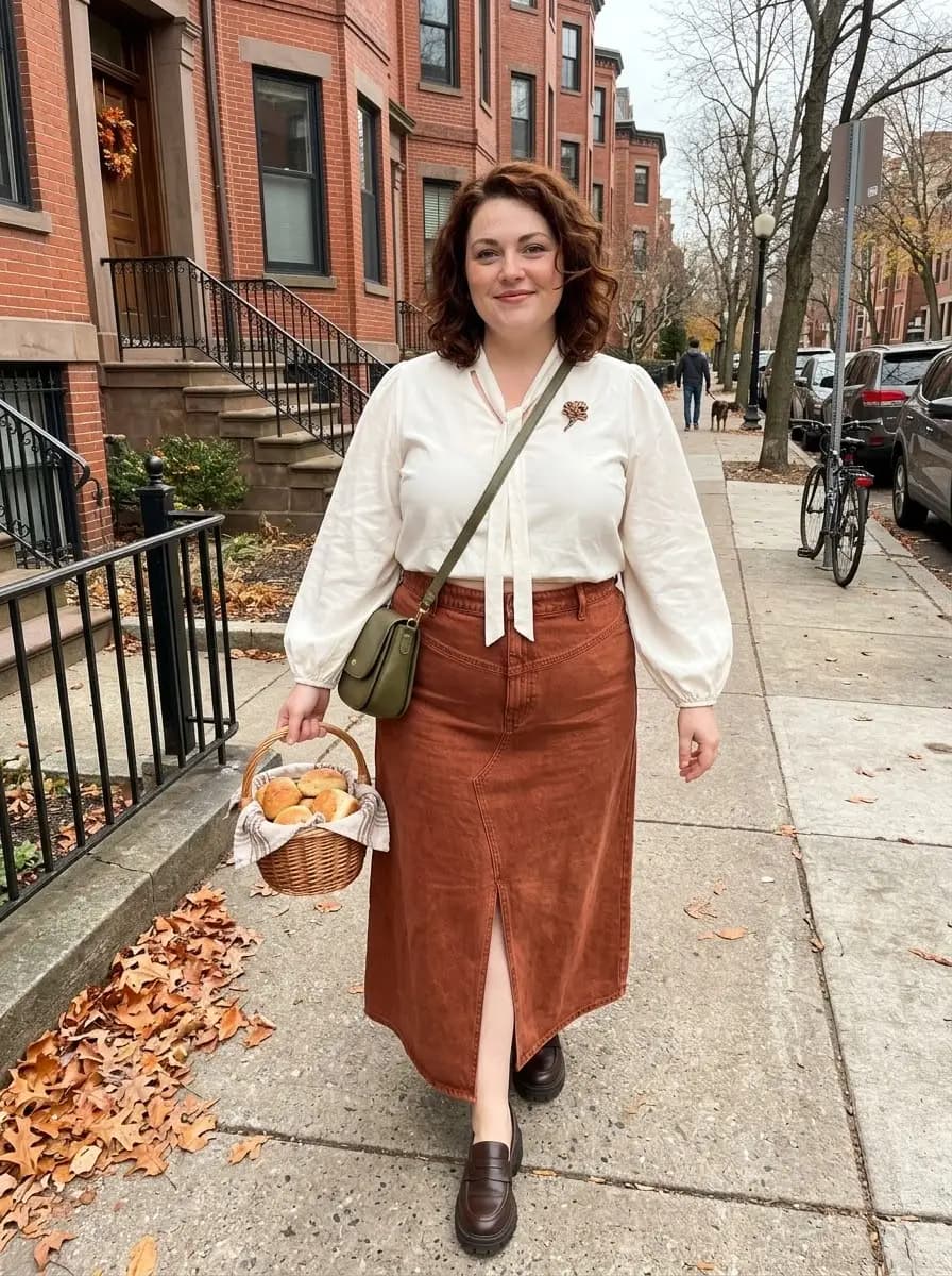 Cream Pussy-Bow Blouse with Rust Corduroy Midi Skirt
