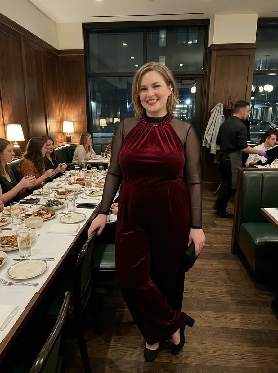 Halter-Style Burgundy Velvet Jumpsuit with Black Mesh Top