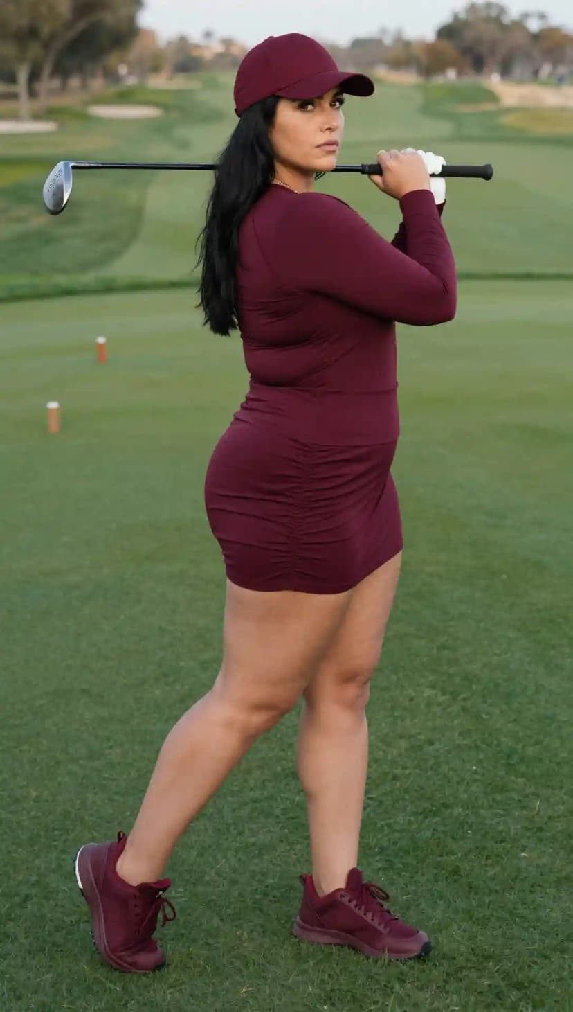 Burgundy Long Sleeve Top + Ruched Skirt + Baseball Cap + Sneakers