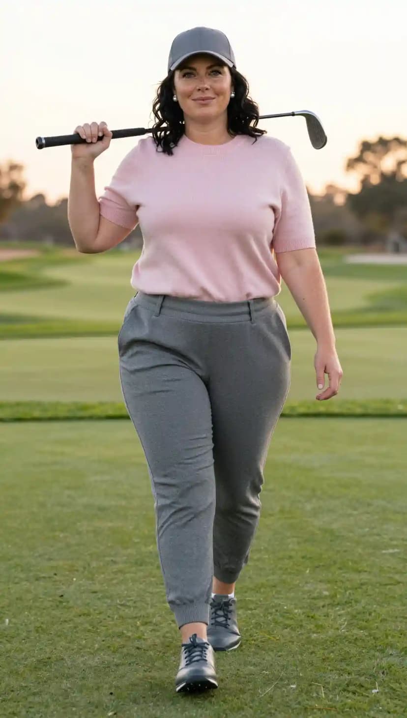 Pink Short Sleeve Sweater + Grey Jogger Golf Pants + Grey Golf Cap