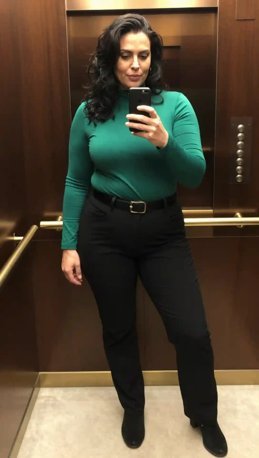 Emerald Green Turtleneck + Black Textured Trousers + Black Belt + Black Suede Boots