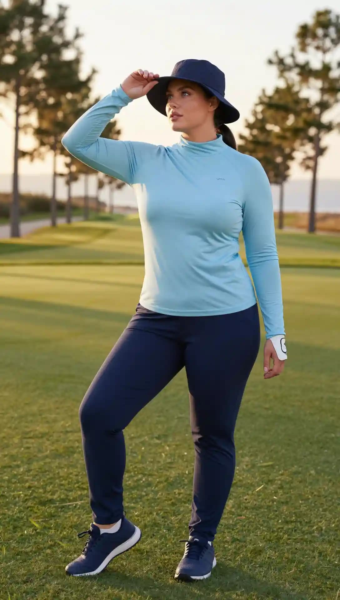 Light Blue Long Sleeve Golf Top + Navy Golf Pants + Navy Bucket Hat