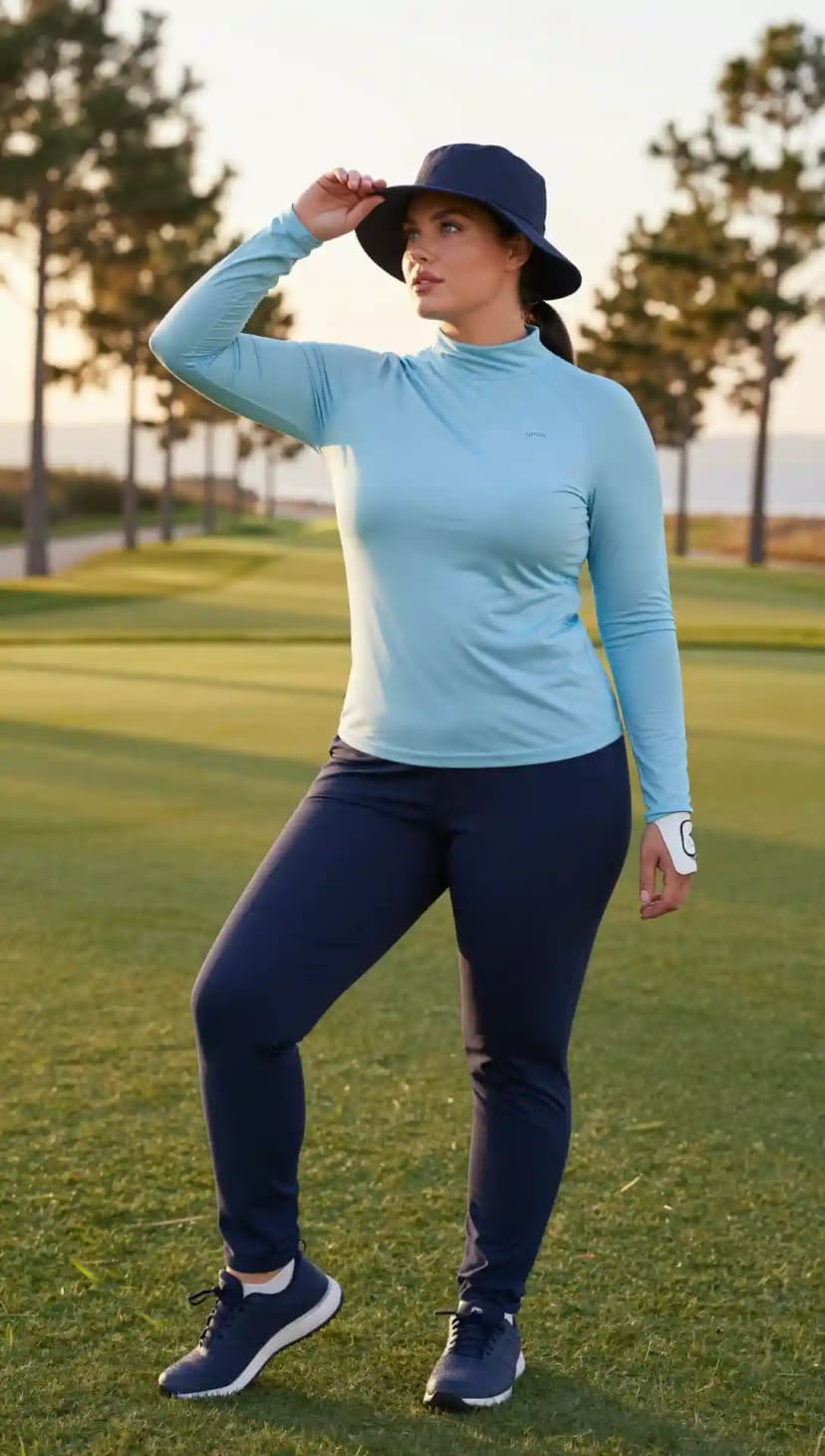 Light Blue Long Sleeve Golf Top + Navy Golf Pants + Navy Bucket Hat