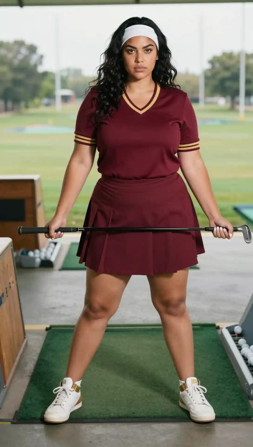 Maroon Golf Polo + Maroon Pleated Skirt + White Headband + White Sneakers