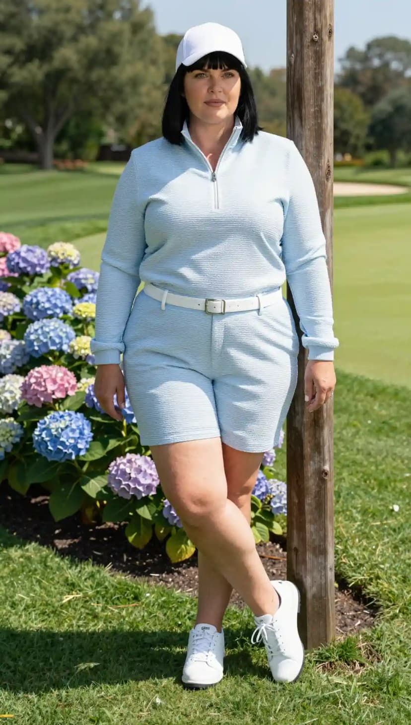 Light Blue Textured Quarter-Zip Top + Matching Shorts + White Belt + White Cap