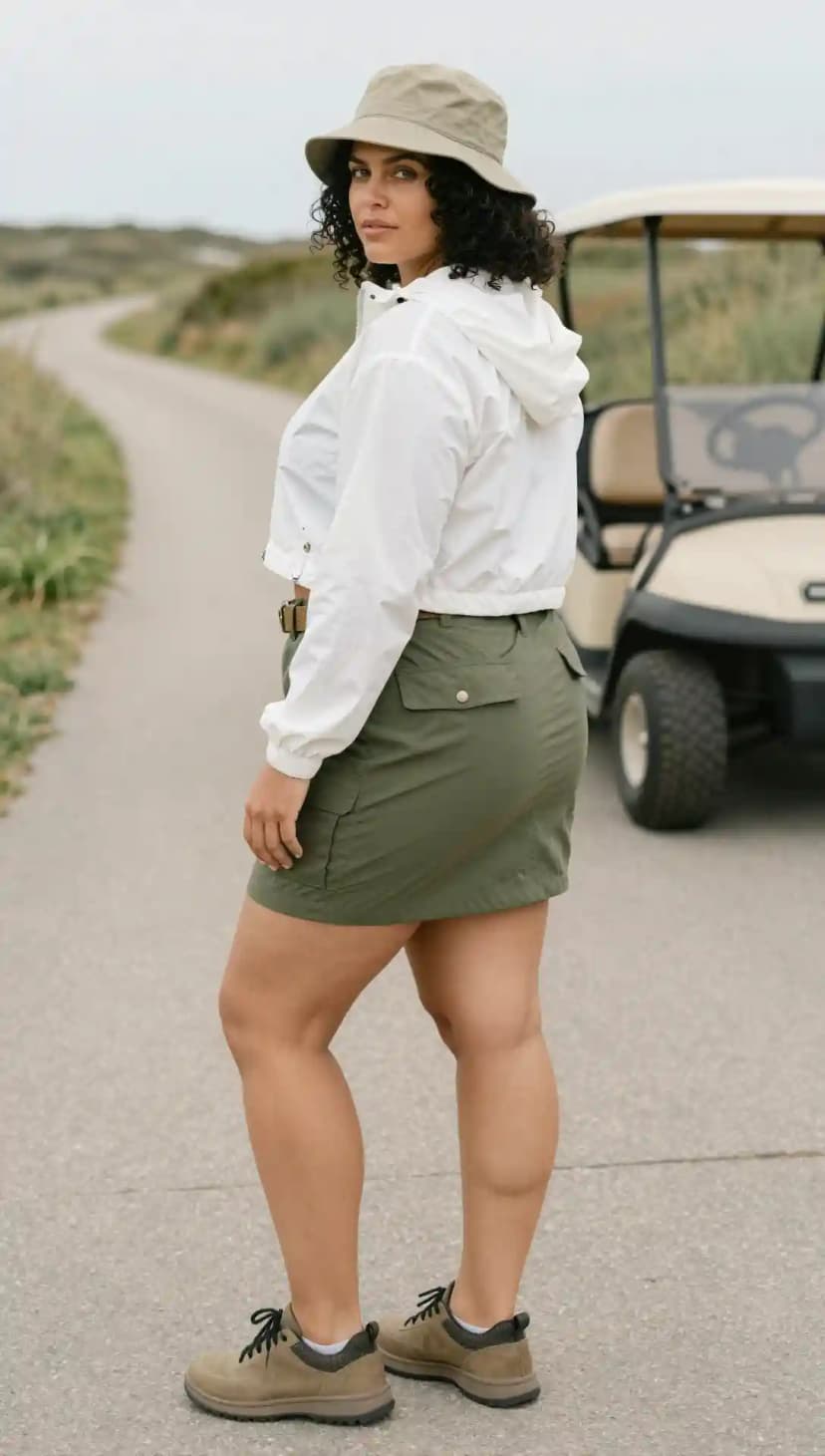 White Cropped Jacket + Olive Green Cargo Skirt + Khaki Bucket Hat