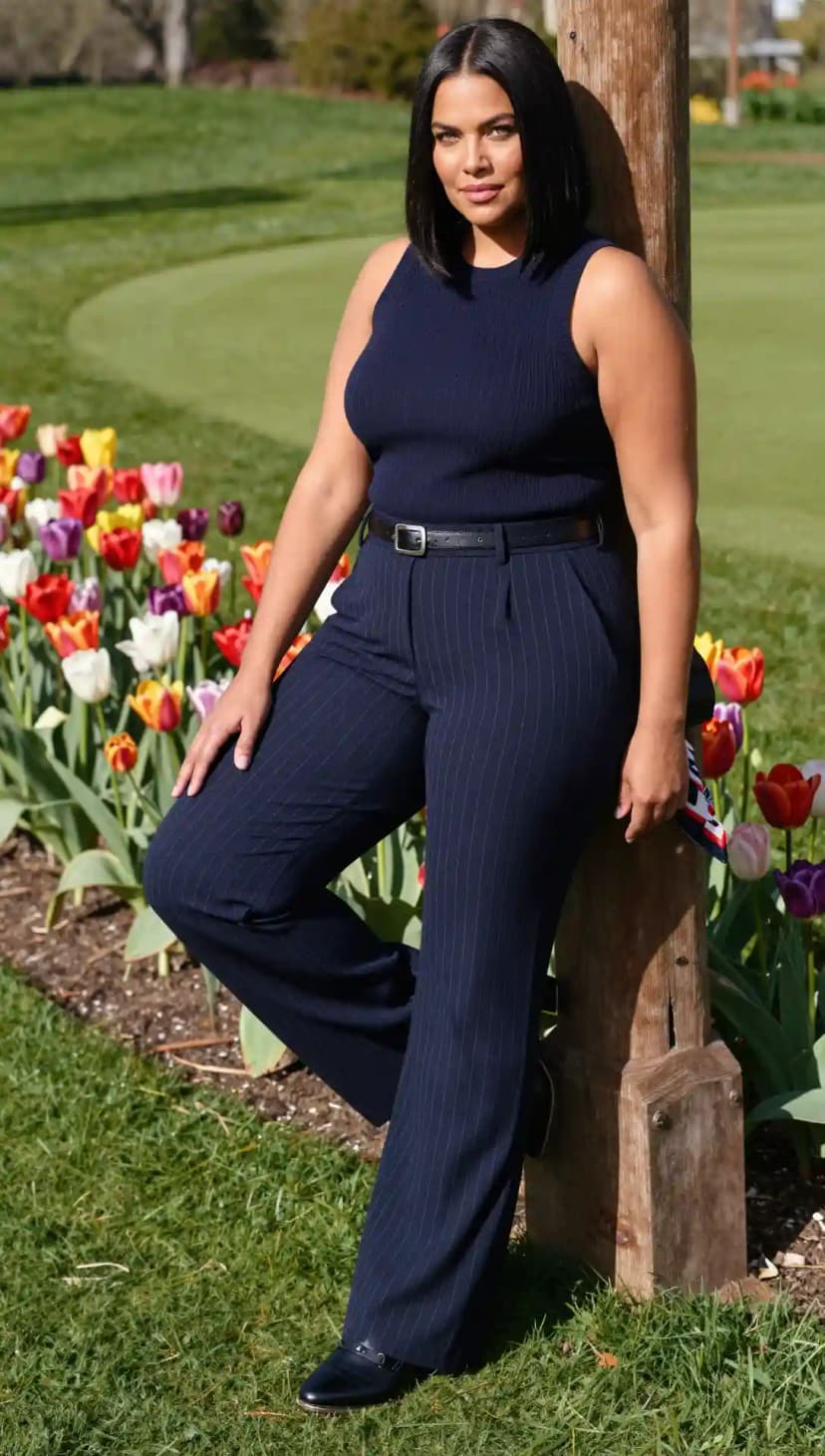 Navy Ribbed Sleeveless Top + Pinstripe Wide-Leg Pants + Black Belt