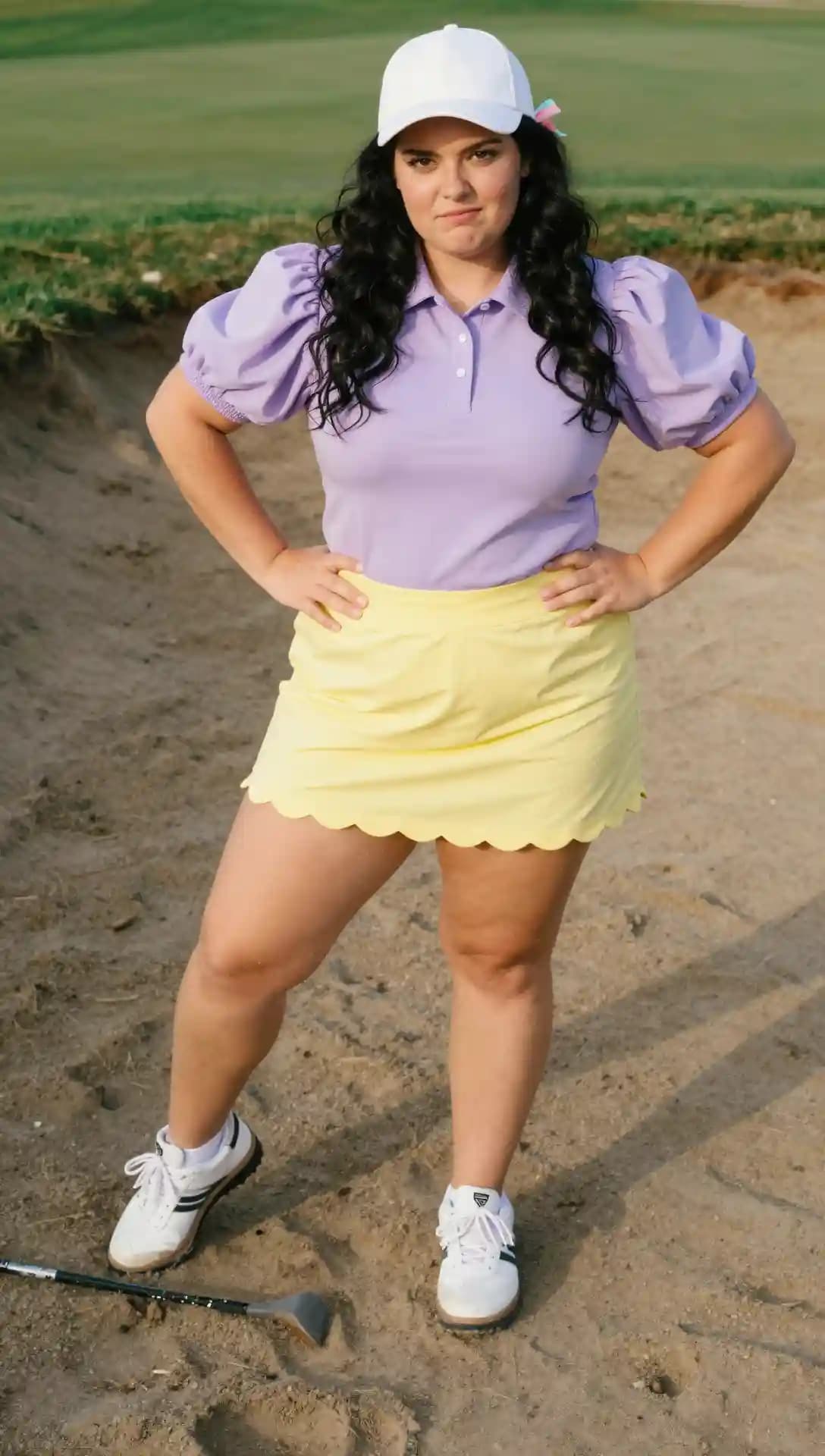 Lavender Puff Sleeve Polo + Scalloped Hem Skirt + White Baseball Cap