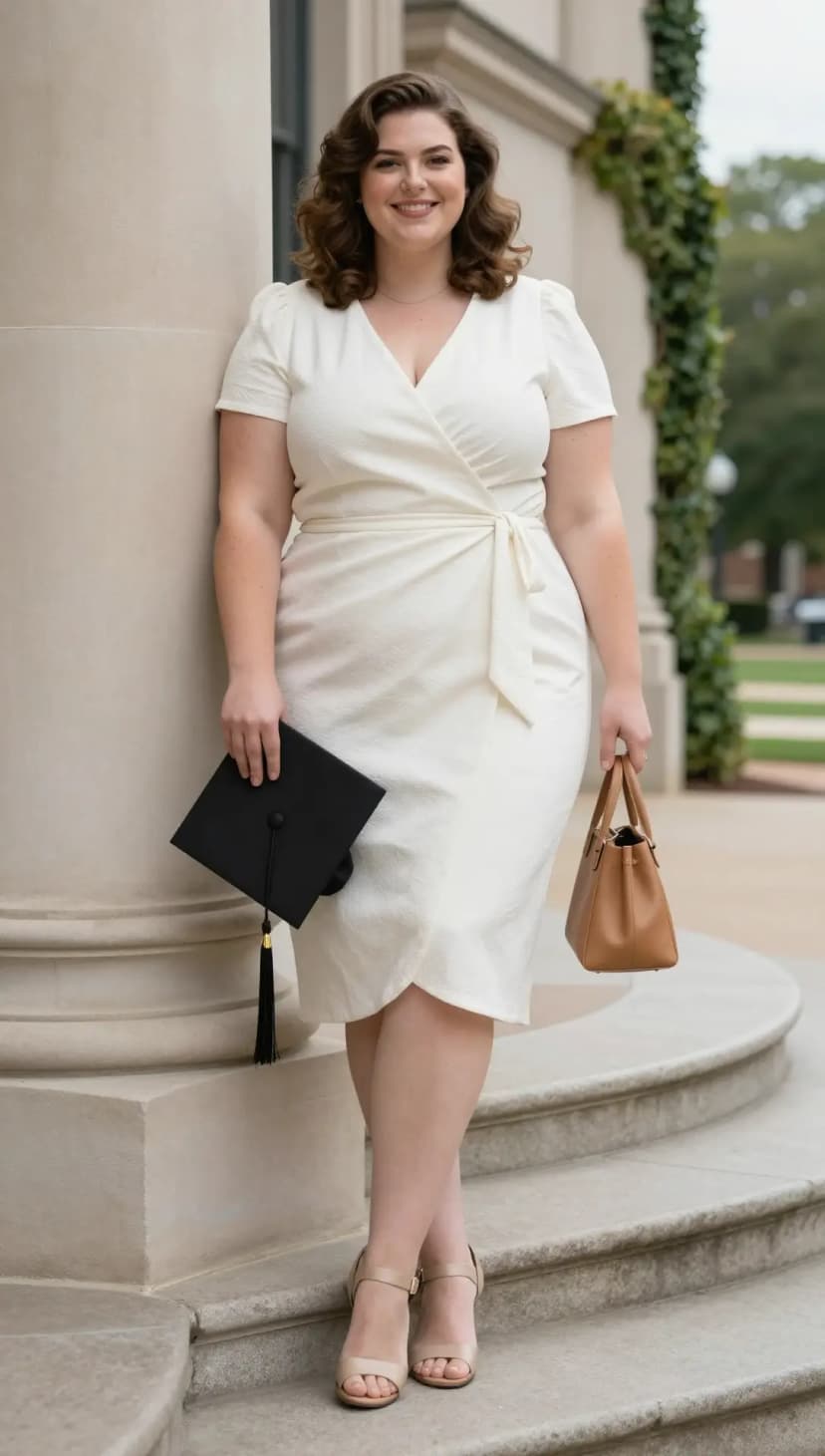 Ivory Textured Wrap Dress + Tan Leather Top-Handle Bag + Nude Ankle Strap Heels