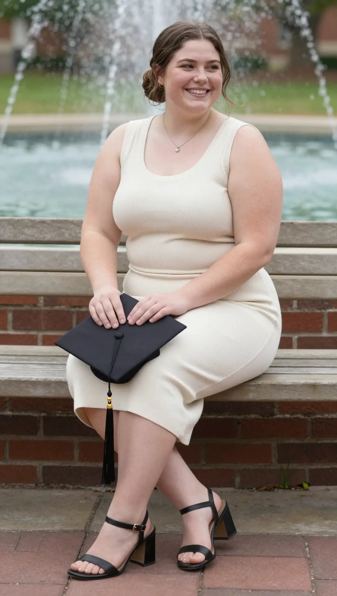 Cream Ribbed Knit Midi Dress + Black Strappy Block Heels
