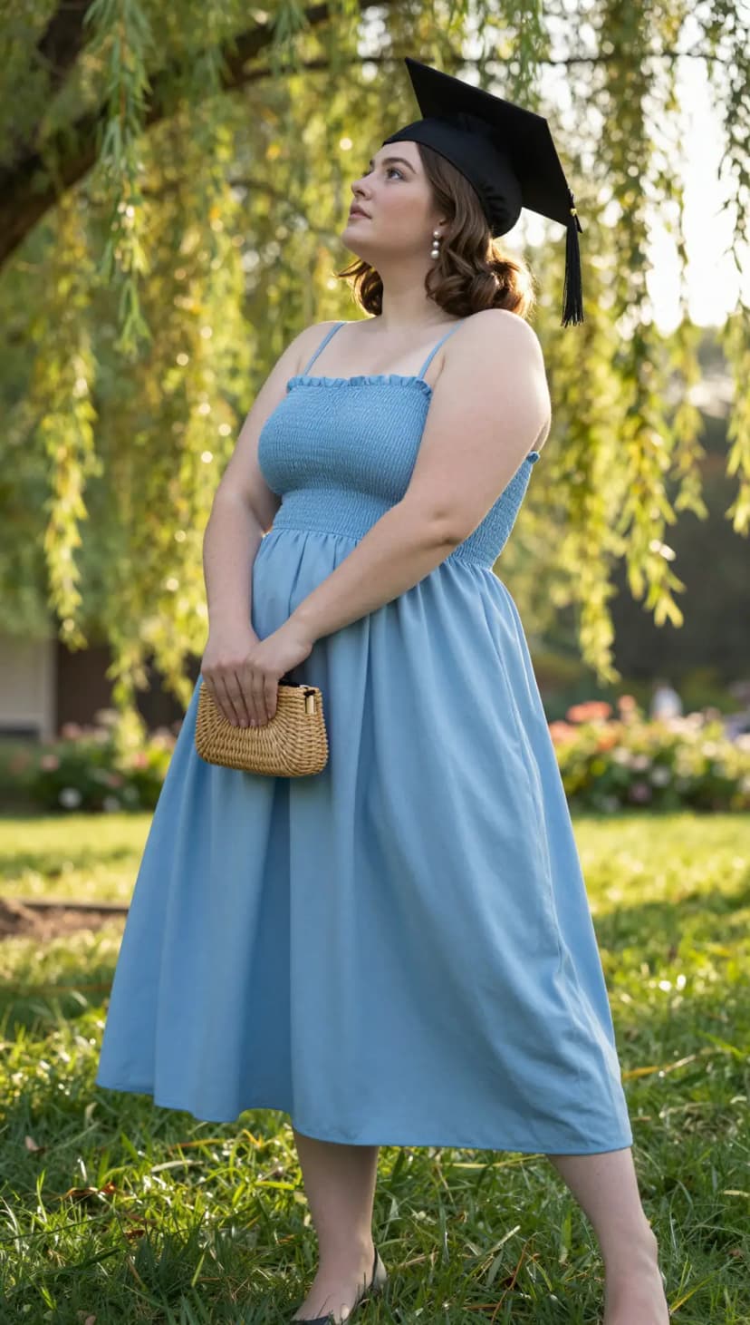 Sky Blue Smocked Cotton Sundress + Black Pointed Toe Flats + Woven Raffia Clutch