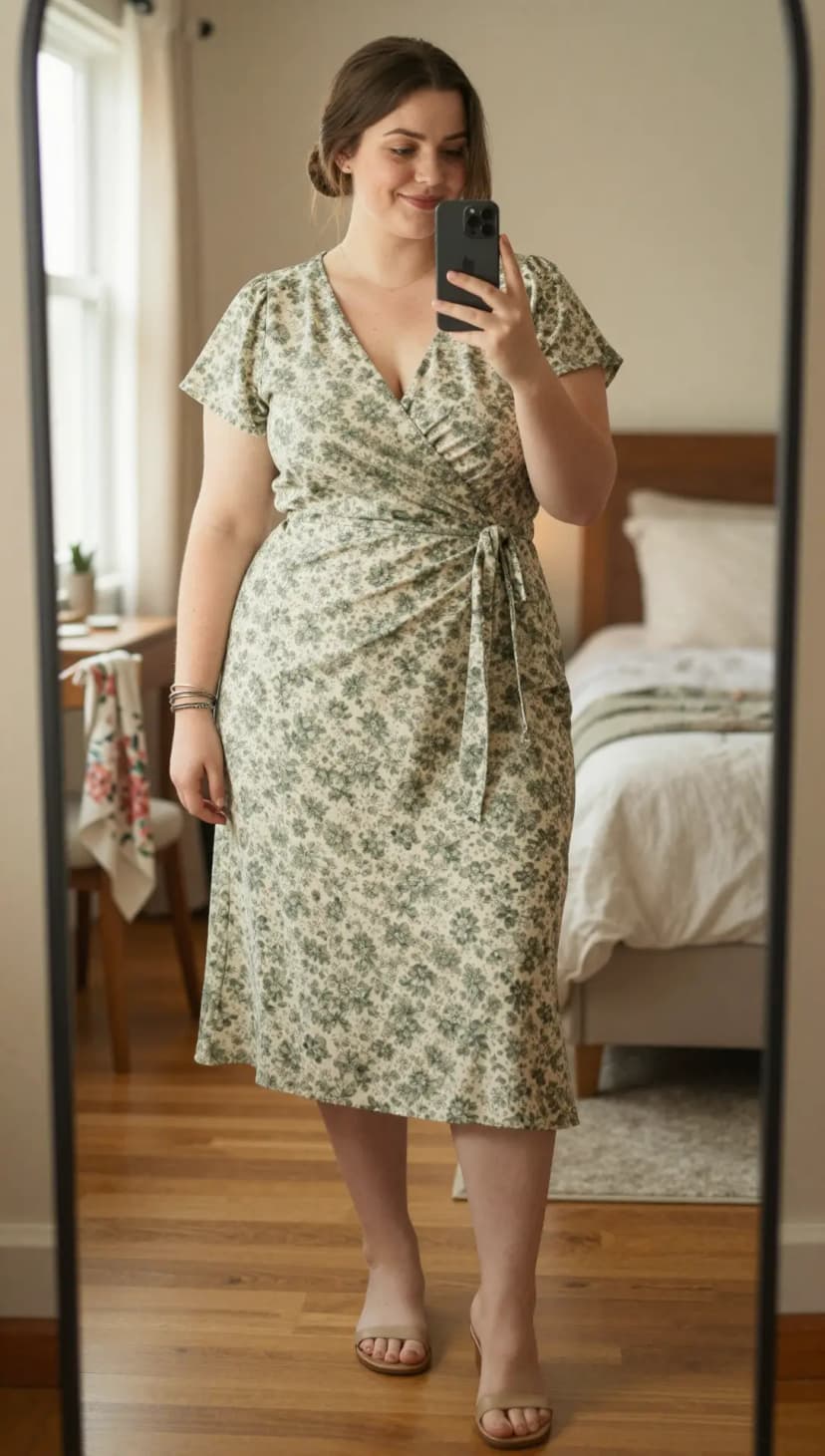 Cream Floral Print Wrap Dress + Tan Slide Heels