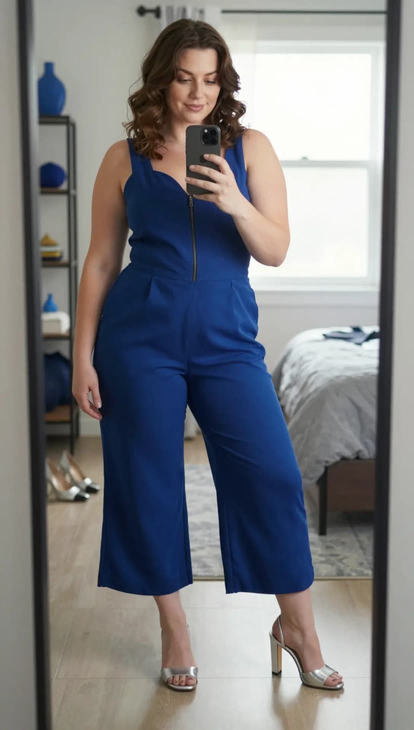 Cobalt Blue Crepe Jumpsuit + Silver Metallic Block Heels