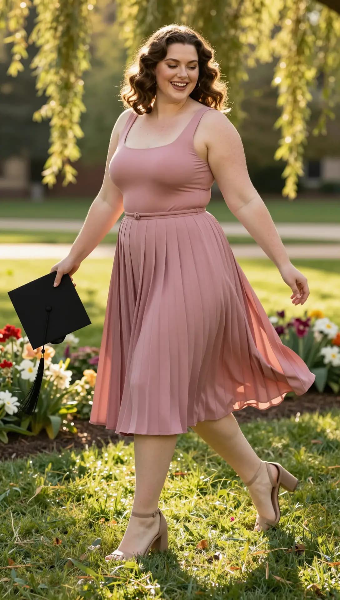 Rose Pleated Midi Dress + Nude Block Heels